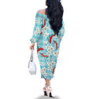 Turquoise Palaka Hawaii Aloha Family Matching Off The Shoulder Long Sleeve Dress and Hawaiian Shirt Koi Pond Mix Plumeria - Polynesian Pride