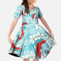 Turquoise Palaka Hawaii Aloha Family Matching Off Shoulder Maxi Dress and Hawaiian Shirt Koi Pond Mix Plumeria - Polynesian Pride