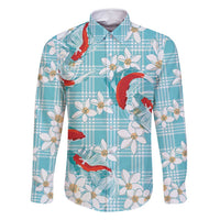 Turquoise Palaka Hawaii Aloha Family Matching Off Shoulder Maxi Dress and Hawaiian Shirt Koi Pond Mix Plumeria - Polynesian Pride
