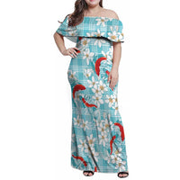 Turquoise Palaka Hawaii Aloha Family Matching Off Shoulder Maxi Dress and Hawaiian Shirt Koi Pond Mix Plumeria - Polynesian Pride