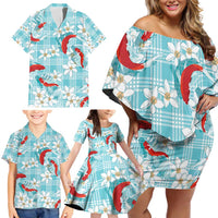 Turquoise Palaka Hawaii Aloha Family Matching Off Shoulder Short Dress and Hawaiian Shirt Koi Pond Mix Plumeria - Polynesian Pride
