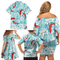 Turquoise Palaka Hawaii Aloha Family Matching Off Shoulder Short Dress and Hawaiian Shirt Koi Pond Mix Plumeria - Polynesian Pride
