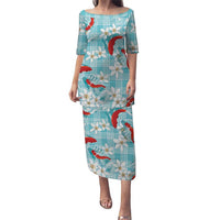Turquoise Palaka Hawaii Aloha Family Matching Puletasi and Hawaiian Shirt Koi Pond Mix Plumeria - Polynesian Pride