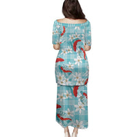 Turquoise Palaka Hawaii Aloha Family Matching Puletasi and Hawaiian Shirt Koi Pond Mix Plumeria - Polynesian Pride