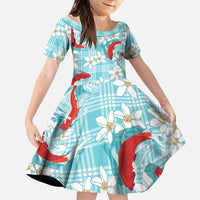 Turquoise Palaka Hawaii Aloha Family Matching Short Sleeve Bodycon Dress and Hawaiian Shirt Koi Pond Mix Plumeria - Polynesian Pride