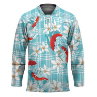 Turquoise Palaka Hawaii Aloha Hockey Jersey Koi Pond Mix Plumeria LT7 Unisex Turquoise - Polynesian Pride