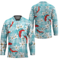 Turquoise Palaka Hawaii Aloha Hockey Jersey Koi Pond Mix Plumeria LT7 - Polynesian Pride