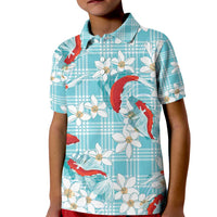 Turquoise Palaka Hawaii Aloha Kid Polo Shirt Koi Pond Mix Plumeria LT7 Kid Turquoise - Polynesian Pride