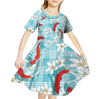 Turquoise Palaka Hawaii Aloha Kid Short Sleeve Dress Koi Pond Mix Plumeria LT7 - Polynesian Pride