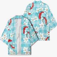 Turquoise Palaka Hawaii Aloha Kimono Koi Pond Mix Plumeria - Polynesian Pride