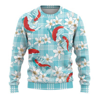 Turquoise Palaka Hawaii Aloha Ugly Christmas Sweater Koi Pond Mix Plumeria - Polynesian Pride