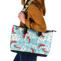 Turquoise Palaka Hawaii Aloha Leather Tote Bag Koi Pond Mix Plumeria LT7 Turquoise - Polynesian Pride