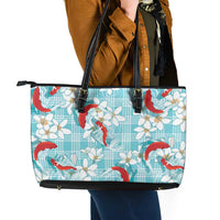Turquoise Palaka Hawaii Aloha Leather Tote Bag Koi Pond Mix Plumeria LT7 - Polynesian Pride