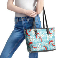 Turquoise Palaka Hawaii Aloha Leather Tote Bag Koi Pond Mix Plumeria LT7 - Polynesian Pride