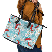 Turquoise Palaka Hawaii Aloha Leather Tote Bag Koi Pond Mix Plumeria LT7 - Polynesian Pride