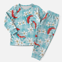 Turquoise Palaka Hawaii Aloha Christmas Pajama Set Koi Pond Mix Plumeria - Polynesian Pride