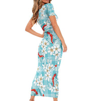 Turquoise Palaka Hawaii Aloha Short Sleeve Bodycon Dress Koi Pond Mix Plumeria - Polynesian Pride