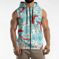 Turquoise Palaka Hawaii Aloha Sleeveless Zip Hoodie Koi Pond Mix Plumeria LT7 - Polynesian Pride