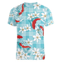 Turquoise Palaka Hawaii Aloha Women V-Neck T-Shirt Koi Pond Mix Plumeria LT7 - Polynesian Pride