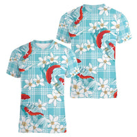 Turquoise Palaka Hawaii Aloha Women V-Neck T-Shirt Koi Pond Mix Plumeria LT7 - Polynesian Pride
