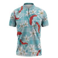Turquoise Palaka Hawaii Aloha Zipper Polo Shirt Koi Pond Mix Plumeria - Polynesian Pride