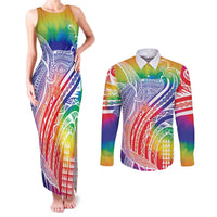 Aloha Pride Rainbow Tie Dye Couples Matching Tank Maxi Dress and Long Sleeve Button Shirt Humpback Whale - Love is Love