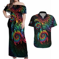 Hawaii Pride Couples Matching Off Shoulder Maxi Dress and Hawaiian Shirt Rainbow Swirls