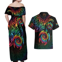Hawaii Pride Couples Matching Off Shoulder Maxi Dress and Hawaiian Shirt Rainbow Swirls