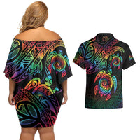 Hawaii Pride Couples Matching Off Shoulder Short Dress and Hawaiian Shirt Rainbow Swirls