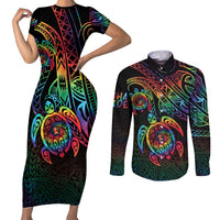 Hawaii Pride Couples Matching Short Sleeve Bodycon Dress and Long Sleeve Button Shirt Rainbow Swirls LT7 Colorful - Polynesian Pride