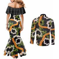 Aloha Festive Hawaii Couples Matching Mermaid Dress and Long Sleeve Button Shirt Mokihana - Maile and Ilima on Black - Polynesian Pride