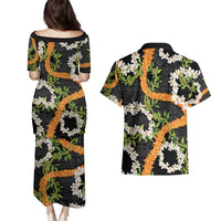 Aloha Festive Hawaii Couples Matching Puletasi and Hawaiian Shirt Mokihana - Maile and Ilima on Black - Polynesian Pride