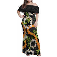 Aloha Festive Hawaii Family Matching Off Shoulder Maxi Dress and Hawaiian Shirt Mokihana - Maile and Ilima on Black - Polynesian Pride