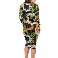 Aloha Festive Hawaii Long Sleeve Bodycon Dress Mokihana - Maile and Ilima on Black - Polynesian Pride