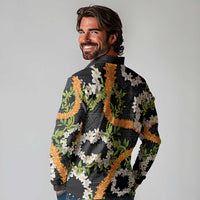 Aloha Festive Hawaii Long Sleeve Polo Shirt Mokihana - Maile and Ilima on Black - Polynesian Pride