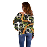 Aloha Festive Hawaii Off Shoulder Sweater Mokihana - Maile and Ilima on Black - Polynesian Pride