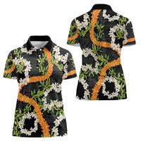 Aloha Festive Hawaii Women Polo Shirt Mokihana - Maile and Ilima on Black - Polynesian Pride