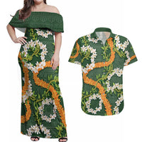 Aloha Festive Hawaii Couples Matching Off Shoulder Maxi Dress and Hawaiian Shirt Mokihana - Maile and Ilima on Forest Green - Polynesian Pride