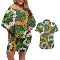 Aloha Festive Hawaii Couples Matching Off Shoulder Short Dress and Hawaiian Shirt Mokihana - Maile and Ilima on Forest Green - Polynesian Pride