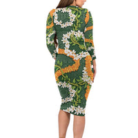 Aloha Festive Hawaii Family Matching Long Sleeve Bodycon Dress and Hawaiian Shirt Mokihana - Maile and Ilima on Forest Green - Polynesian Pride
