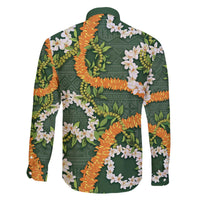 Aloha Festive Hawaii Family Matching Off The Shoulder Long Sleeve Dress and Hawaiian Shirt Mokihana - Maile and Ilima on Forest Green - Polynesian Pride