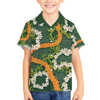 Aloha Festive Hawaii Family Matching Off The Shoulder Long Sleeve Dress and Hawaiian Shirt Mokihana - Maile and Ilima on Forest Green - Polynesian Pride