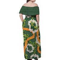 Aloha Festive Hawaii Family Matching Off Shoulder Maxi Dress and Hawaiian Shirt Mokihana - Maile and Ilima on Forest Green - Polynesian Pride