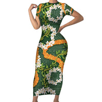 Aloha Festive Hawaii Family Matching Short Sleeve Bodycon Dress and Hawaiian Shirt Mokihana - Maile and Ilima on Forest Green - Polynesian Pride