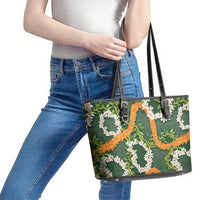 Aloha Festive Hawaii Leather Tote Bag Mokihana - Maile and Ilima on Forest Green - Polynesian Pride