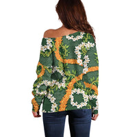 Aloha Festive Hawaii Off Shoulder Sweater Mokihana - Maile and Ilima on Forest Green - Polynesian Pride
