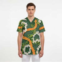 Aloha Festive Hawaii Scrub Top Mokihana - Maile and Ilima on Forest Green - Polynesian Pride