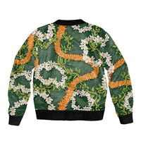 Aloha Festive Hawaii Sleeve Zip Bomber Jacket Mokihana - Maile and Ilima on Forest Green - Polynesian Pride