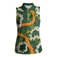 Aloha Festive Hawaii Women Sleeveless Polo Shirt Mokihana - Maile and Ilima on Forest Green - Polynesian Pride