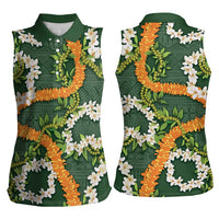 Aloha Festive Hawaii Women Sleeveless Polo Shirt Mokihana - Maile and Ilima on Forest Green - Polynesian Pride